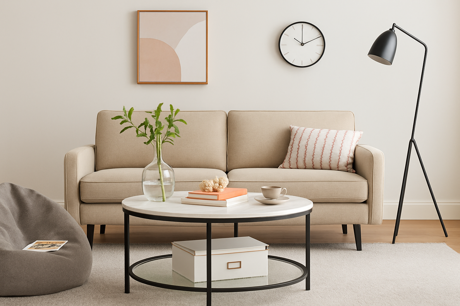 Elegant Round Coffee Table with Faux Marble Top & Glass Shelf